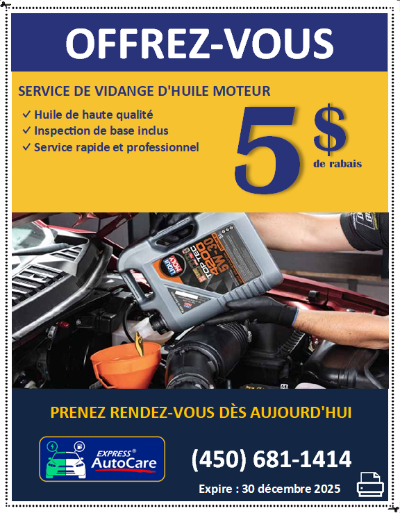 Coupon rabais vidange d'huile moteur, Express AutoCare Laval
