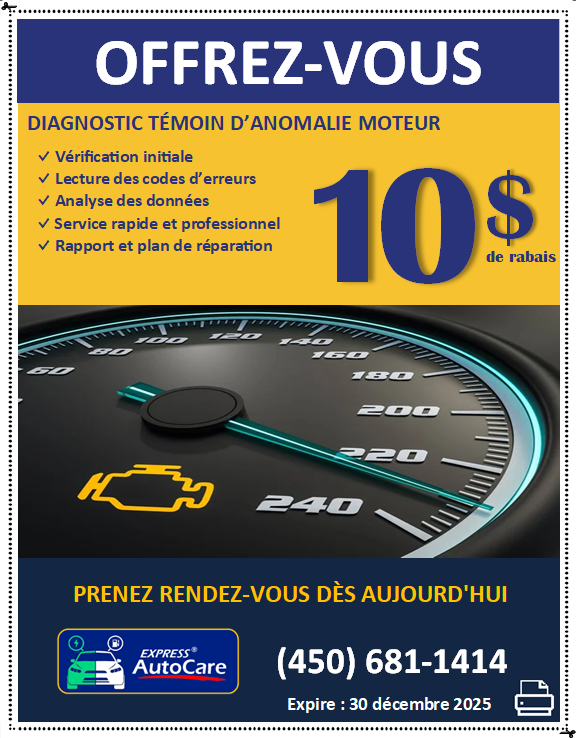 Coupon rabais diagnostic témoin Check Engine, Express AutoCare Laval