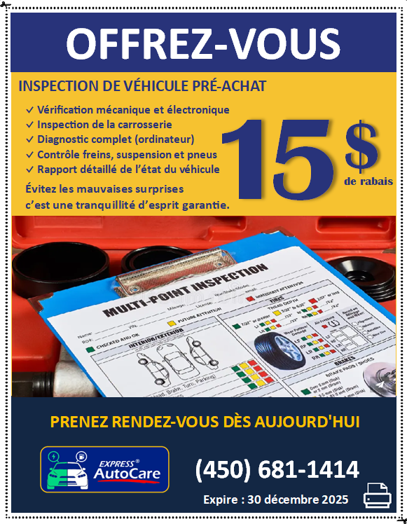 Coupon rabais inspection de véhicule, Express AutoCare Laval