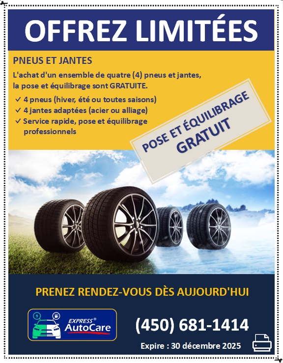 Coupon rabais pose et équilibrage des pneus, Express AutoCare Laval