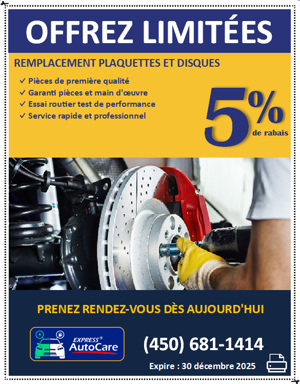 Coupon rabais remplacement plaquettes et disques de frein, Express AutoCare Laval
