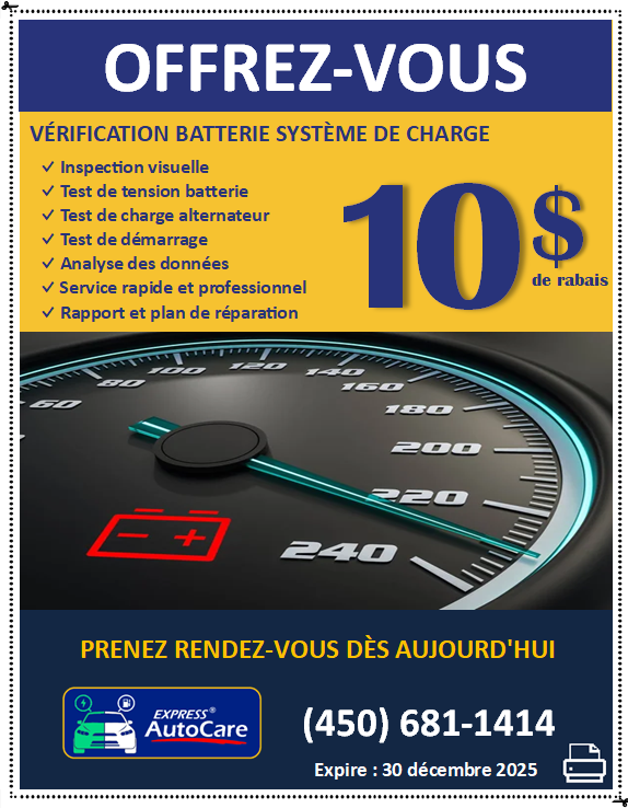 coupon rabais, vérification batterie, système de charge, EXPRESS AutoCare Laval, fiabilité véhicule
