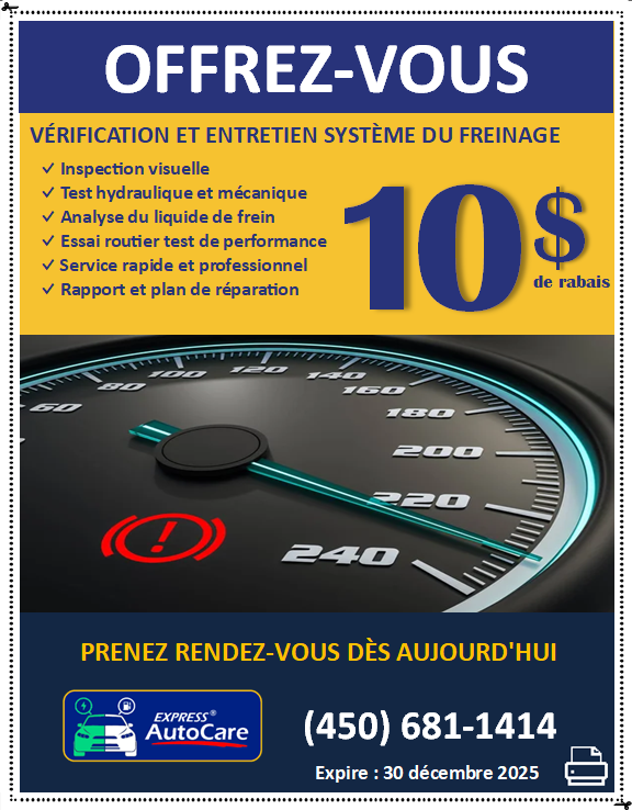Coupon rabais vérification et entretien système de freins, Express AutoCare Laval