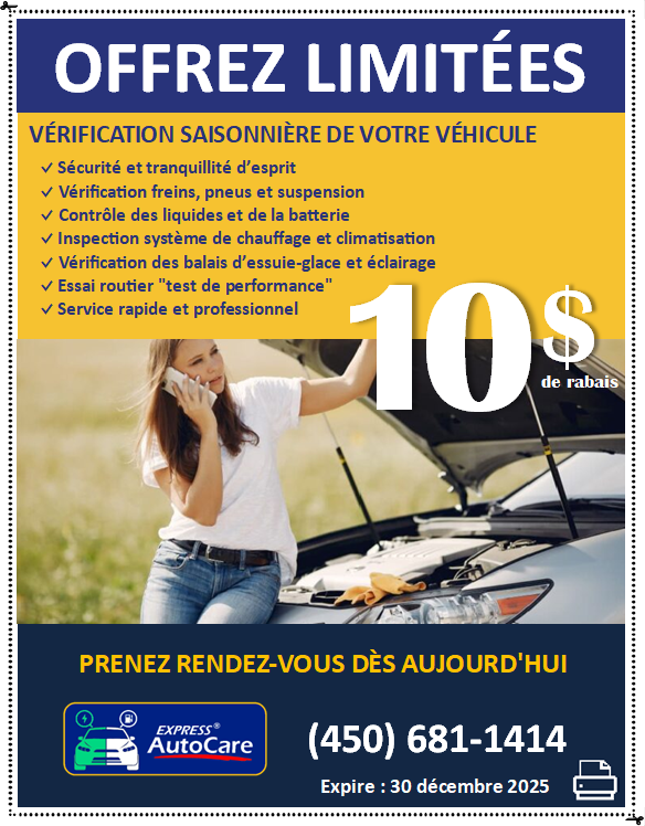 Coupon rabais Vérification saisonnière de voiture, Express AutoCare Laval
